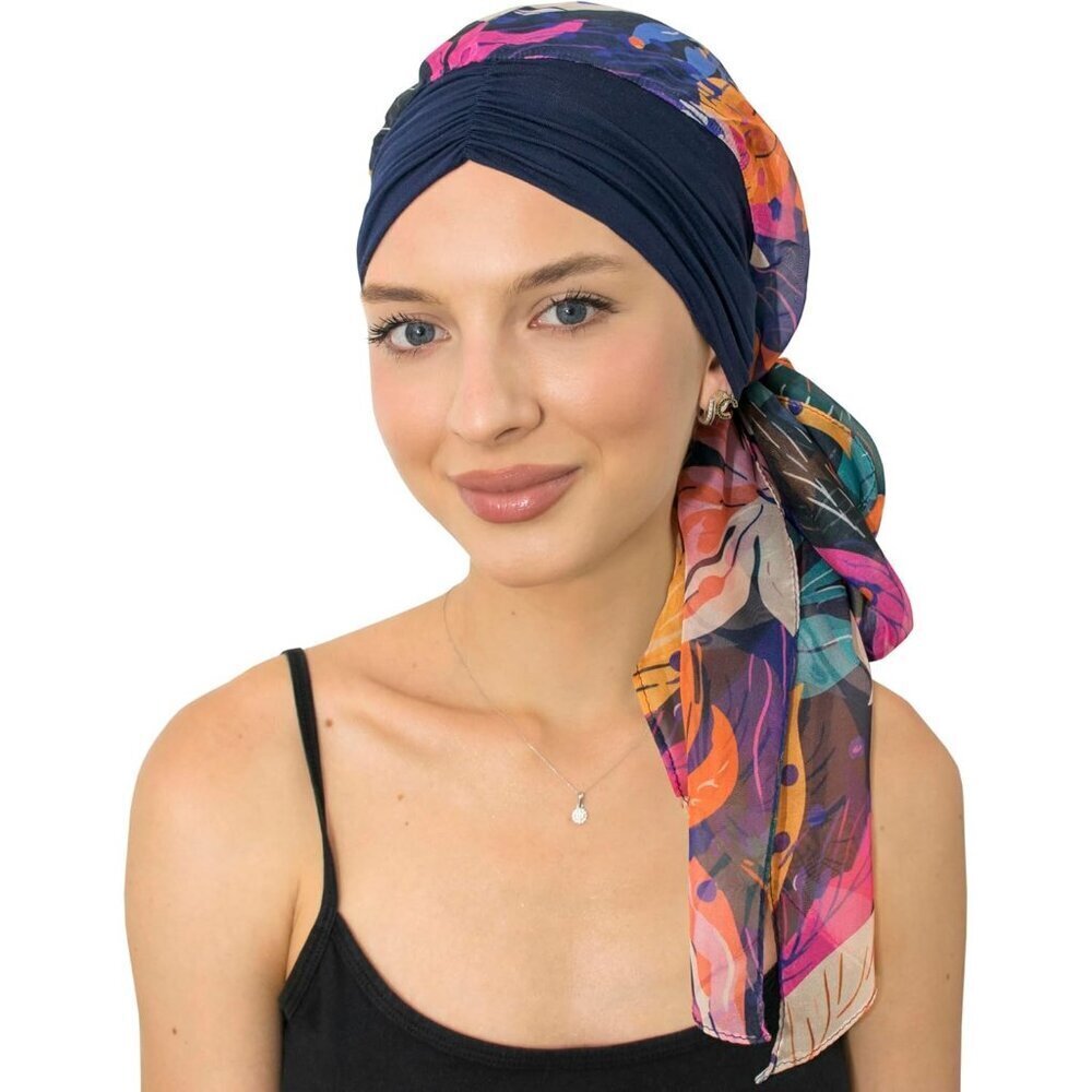 Women’s Navy Chromafloral Scarf Skull Cap Chemo Headwear Hair Loss Turban